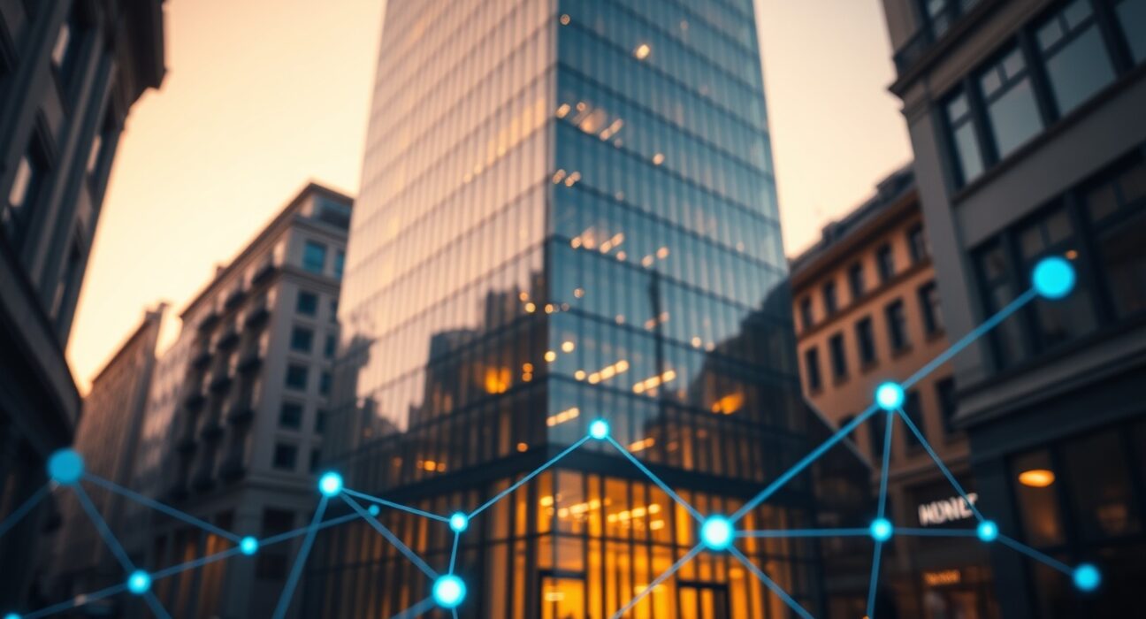 Modern European financial district office building at dusk, representing digital securities infrastructure