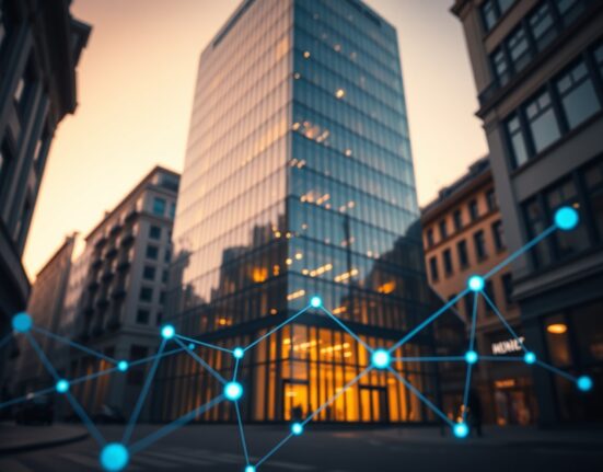 Modern European financial district office building at dusk, representing digital securities infrastructure