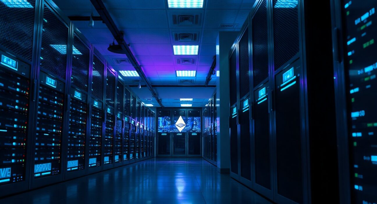A modern data center server room with blue lighting representing blockchain and cryptocurrency infrastructure.