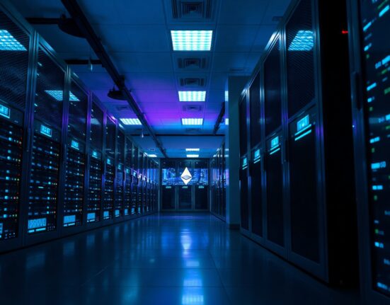A modern data center server room with blue lighting representing blockchain and cryptocurrency infrastructure.