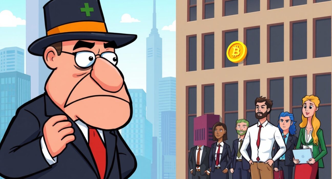 Cartoon illustration showing Hong Kong SFC considering new rules for corporate crypto holdings, impacting listed companies' digital asset strategies.