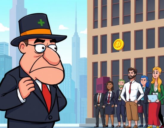 Cartoon illustration showing Hong Kong SFC considering new rules for corporate crypto holdings, impacting listed companies' digital asset strategies.