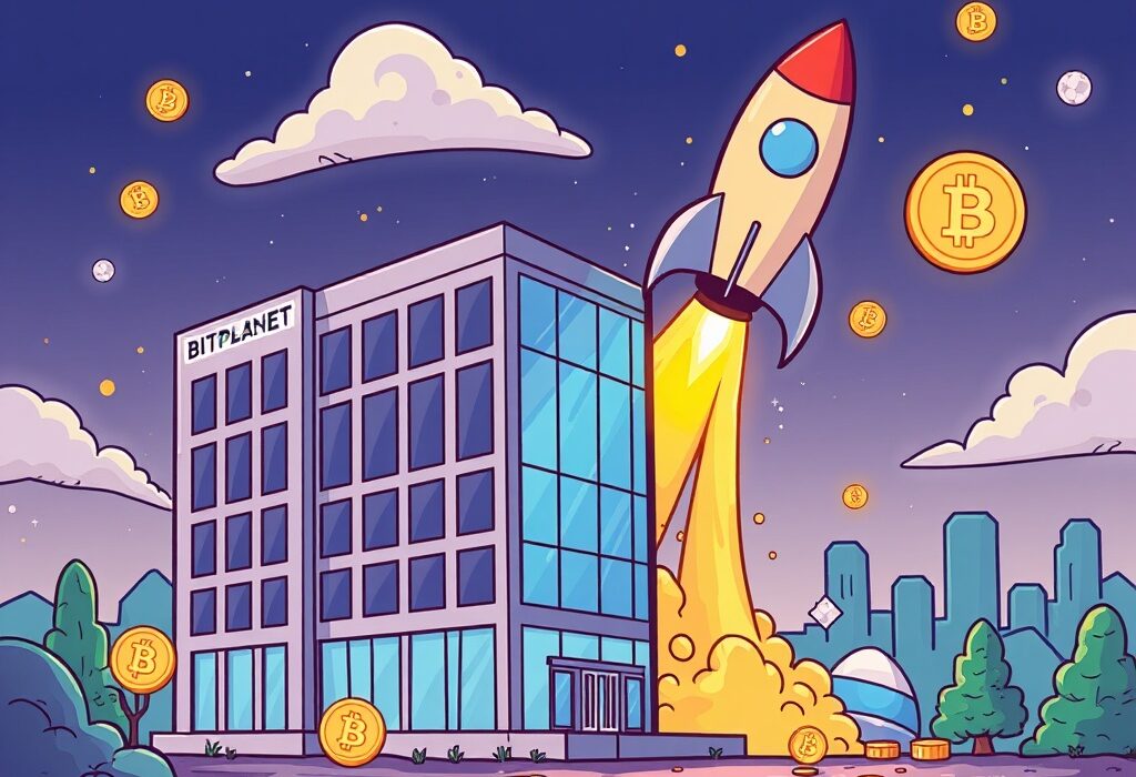 Cartoon showing a company transforming into a crypto-focused entity, symbolizing the SGA Bitplanet rebrand and its future in digital assets.