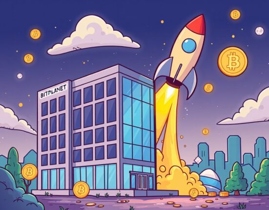Cartoon showing a company transforming into a crypto-focused entity, symbolizing the SGA Bitplanet rebrand and its future in digital assets.