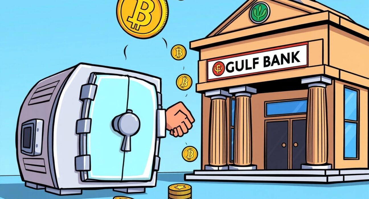 Cartoon illustrating Singapore Gulf Bank and Cactus Custody's partnership, symbolizing secure institutional crypto custody and unified asset management.