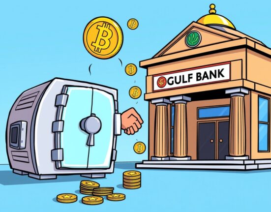 Cartoon illustrating Singapore Gulf Bank and Cactus Custody's partnership, symbolizing secure institutional crypto custody and unified asset management.