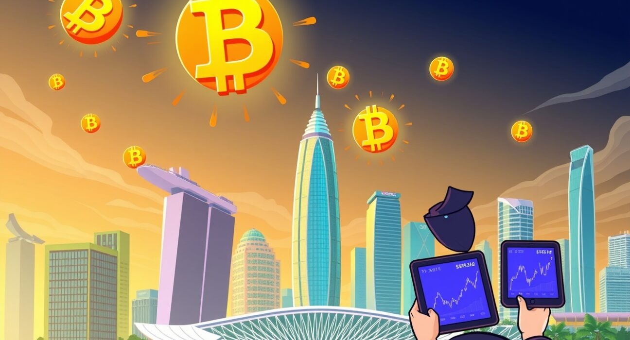 SGX perpetual futures trading celebration with Bitcoin and Ethereum symbols in vibrant cartoon style