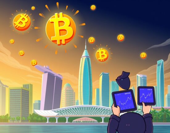SGX perpetual futures trading celebration with Bitcoin and Ethereum symbols in vibrant cartoon style