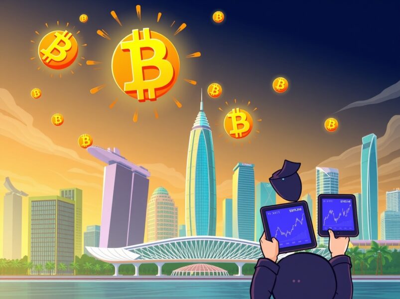 SGX perpetual futures trading celebration with Bitcoin and Ethereum symbols in vibrant cartoon style