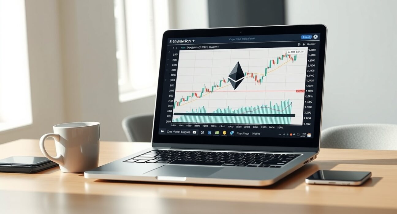 Laptop displaying Ethereum trading chart on a desk in a modern office with natural lighting