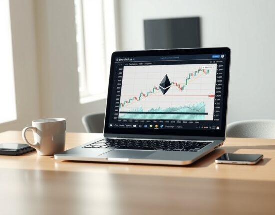 Laptop displaying Ethereum trading chart on a desk in a modern office with natural lighting
