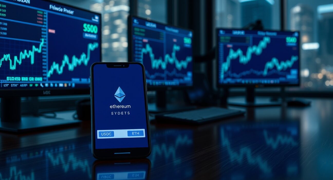 Ethereum whale accumulation at a trading desk with transaction data on monitors