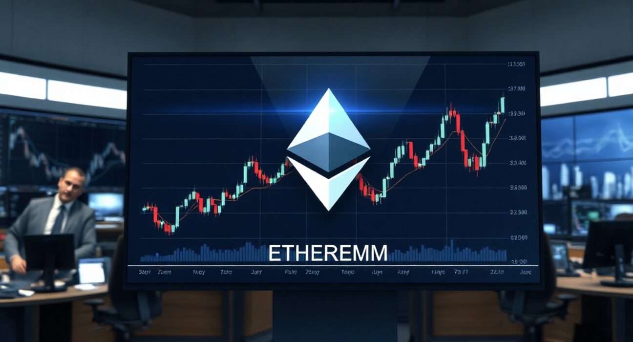 Digital trading display showing Ethereum price chart in a financial news studio