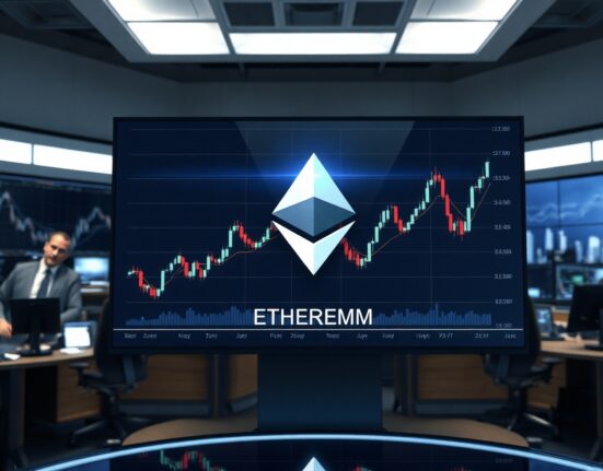 Digital trading display showing Ethereum price chart in a financial news studio