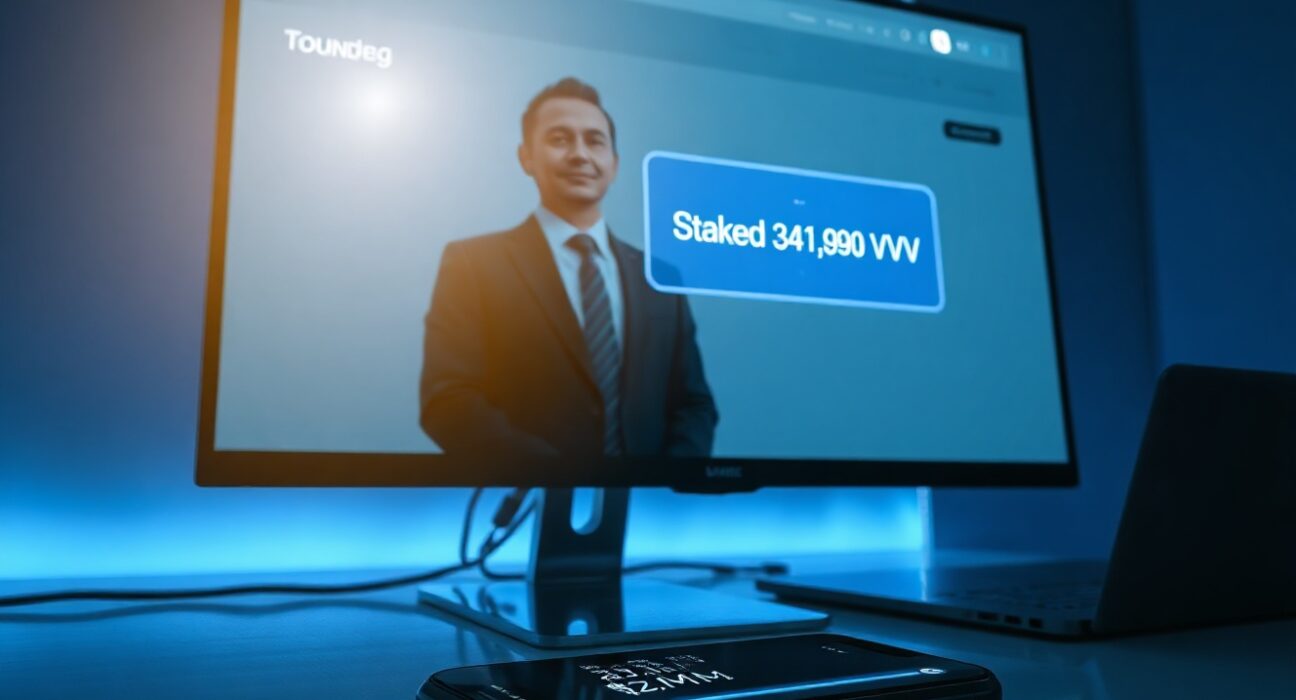 Computer monitor displaying a VVV token staking dashboard with a $3.98 million staked confirmation, in a dark crypto office setting.