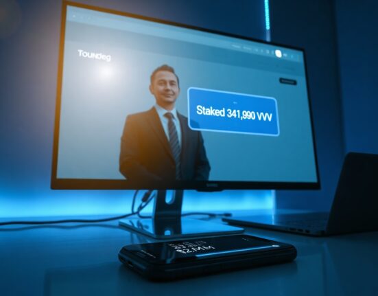 Computer monitor displaying a VVV token staking dashboard with a $3.98 million staked confirmation, in a dark crypto office setting.