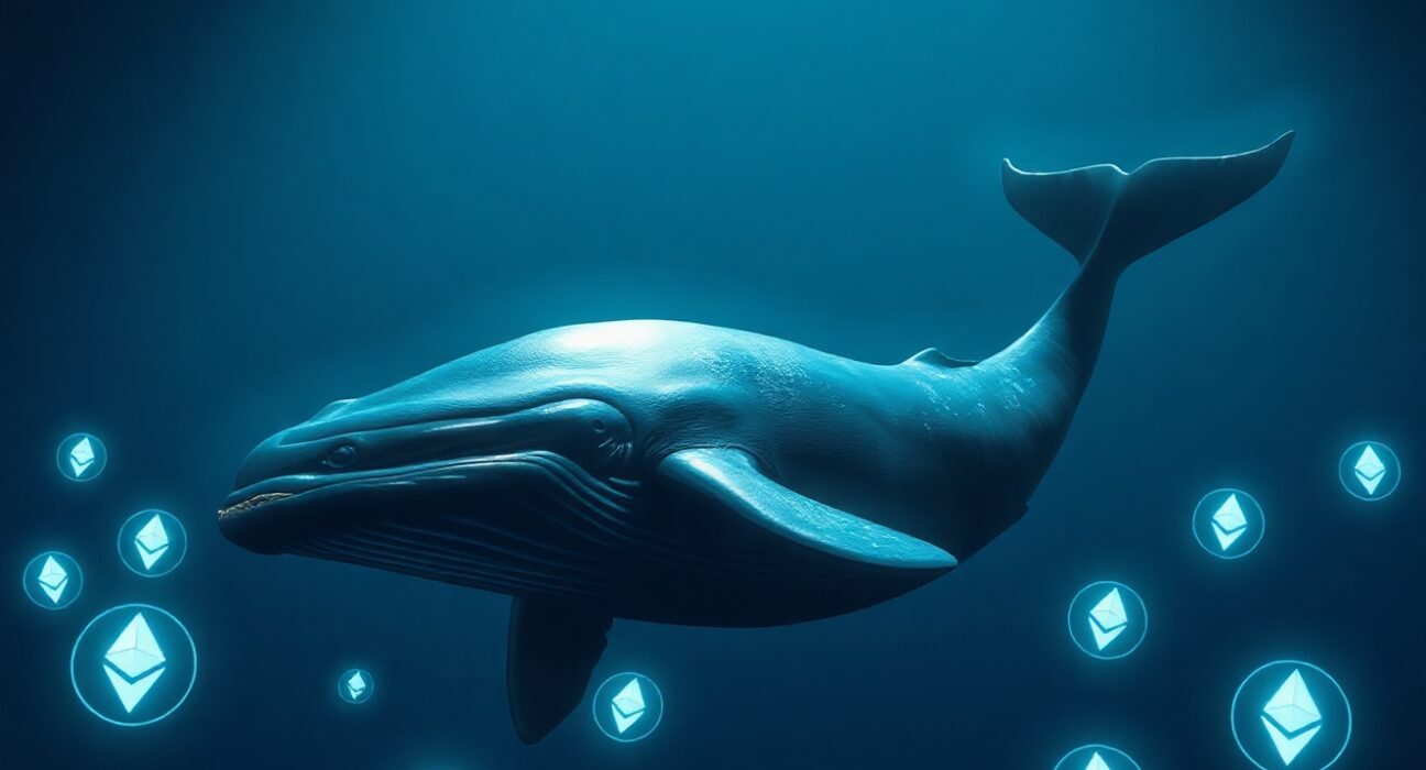 A digital whale swimming with glowing Ethereum symbols in a deep blue ocean, representing a large ETH purchase.