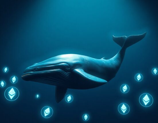 A digital whale swimming with glowing Ethereum symbols in a deep blue ocean, representing a large ETH purchase.