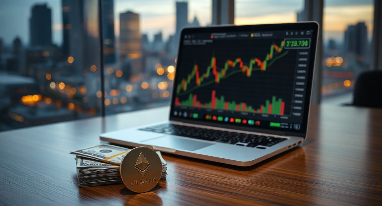 Financial desk with laptop showing Ethereum chart and a physical ETH coin, representing Sharplink's crypto treasury strategy