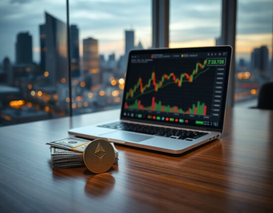 Financial desk with laptop showing Ethereum chart and a physical ETH coin, representing Sharplink's crypto treasury strategy