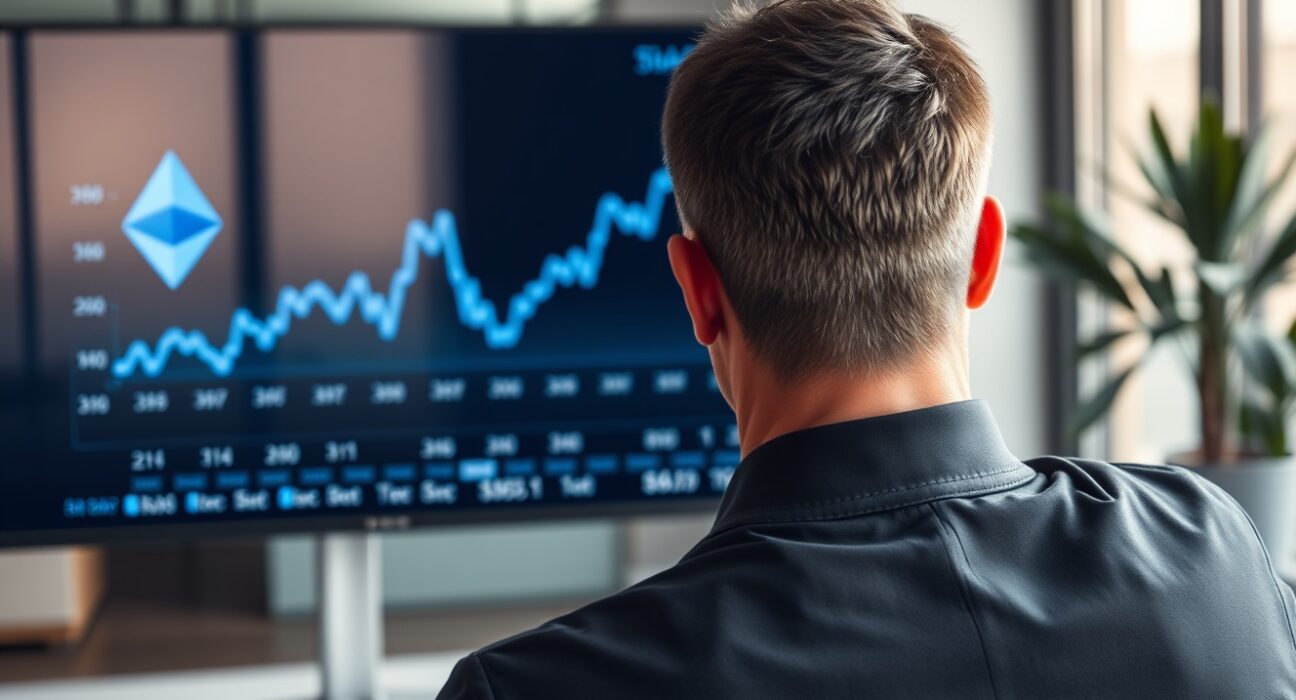 Businessman analyzing an Ethereum price chart on a digital screen in a modern office
