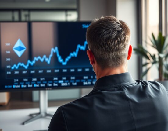 Businessman analyzing an Ethereum price chart on a digital screen in a modern office
