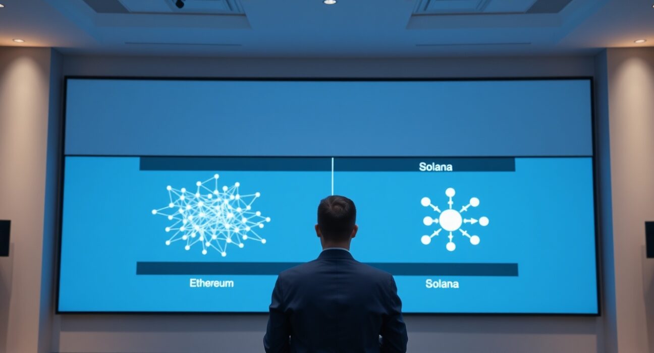 A speaker at a podium points to a screen comparing Ethereum's decentralized node network to Solana's smaller validator set.