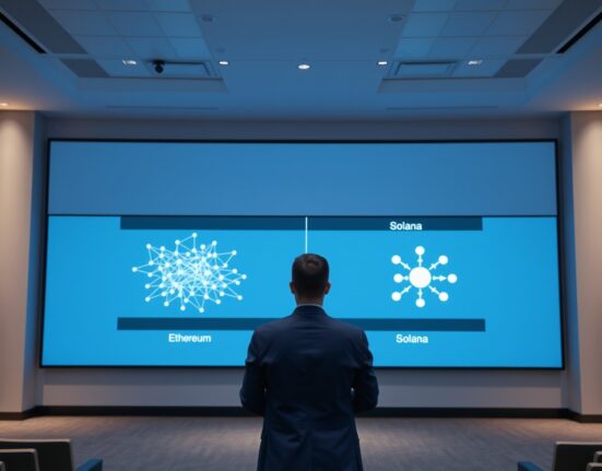 A speaker at a podium points to a screen comparing Ethereum's decentralized node network to Solana's smaller validator set.