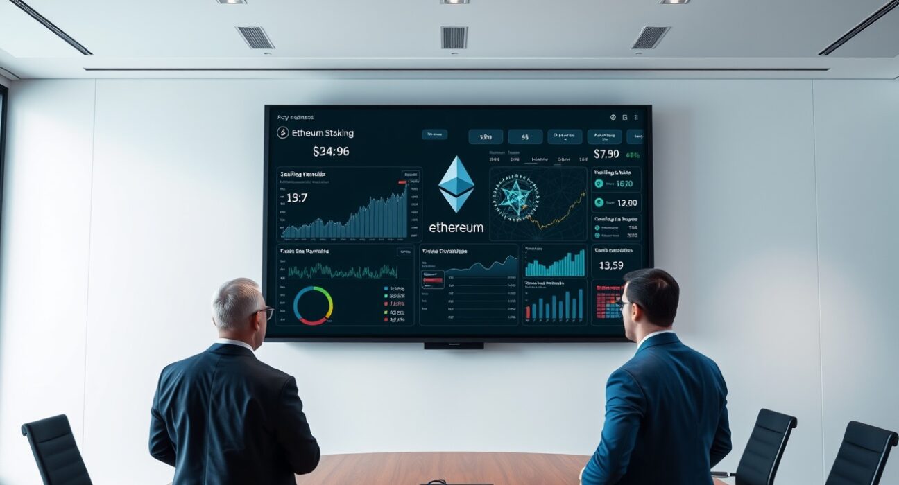 Business professionals reviewing Ethereum staking dashboard in modern boardroom
