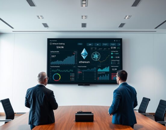 Business professionals reviewing Ethereum staking dashboard in modern boardroom