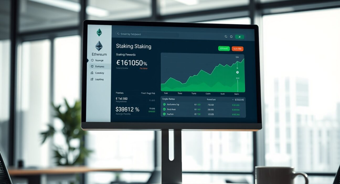 A professional newsroom-style image showing an Ethereum staking dashboard on a computer monitor in a modern office setting.