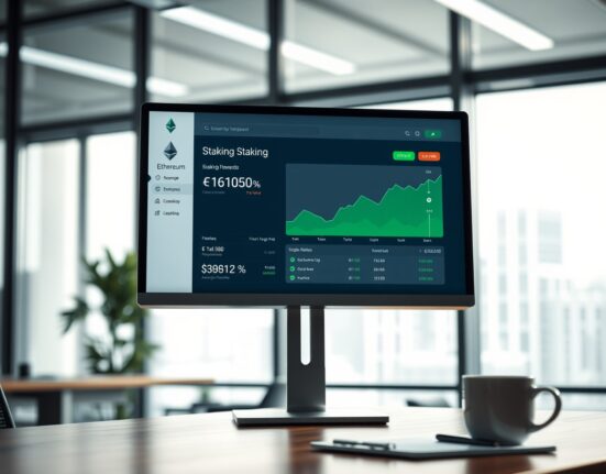 A professional newsroom-style image showing an Ethereum staking dashboard on a computer monitor in a modern office setting.