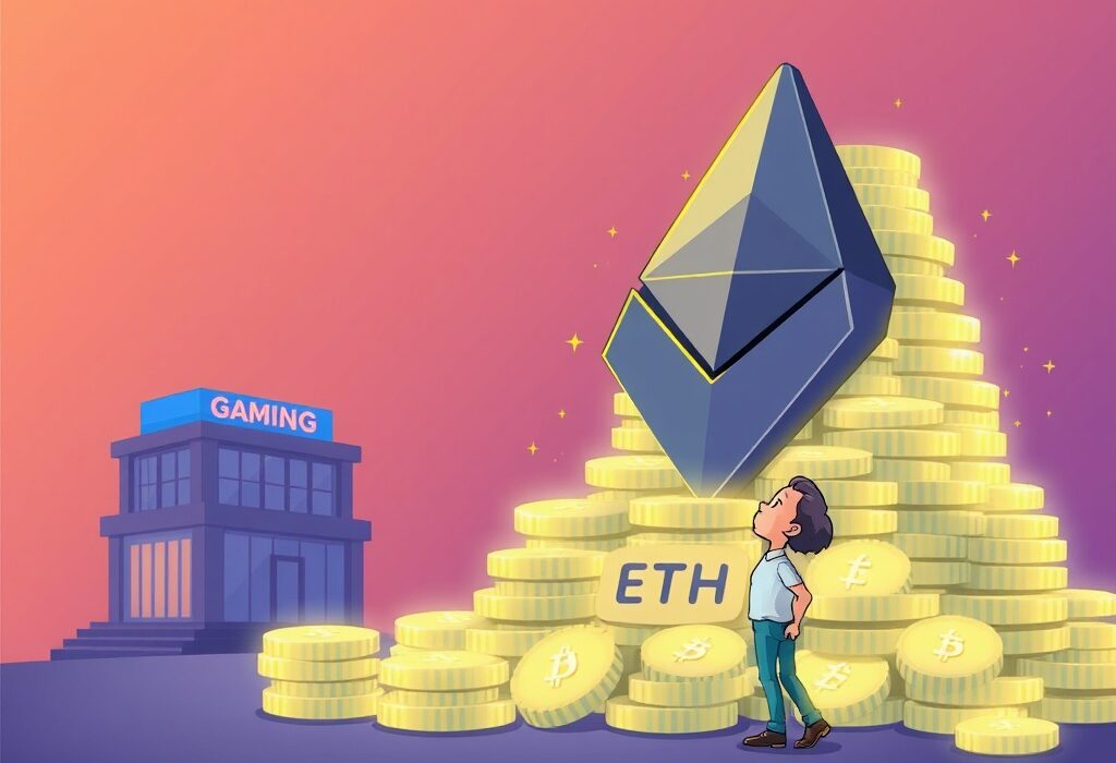 A cartoon illustration depicting SharpLink's significant ETH holdings, symbolizing their strategic crypto investment and staking success.