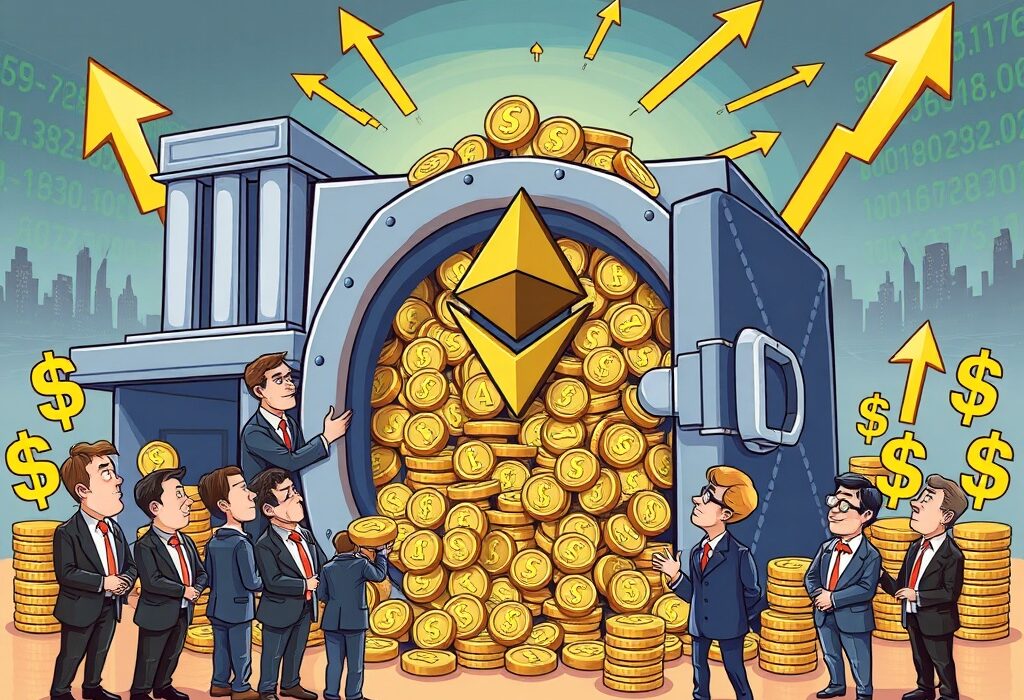 A cartoon illustration showing SharpLink's massive SharpLink ETH holdings growing beyond $3 billion, symbolizing significant institutional crypto investment and digital asset growth.