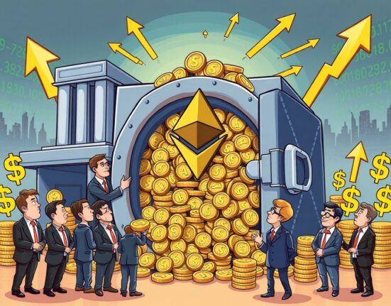 A cartoon illustration showing SharpLink's massive SharpLink ETH holdings growing beyond $3 billion, symbolizing significant institutional crypto investment and digital asset growth.