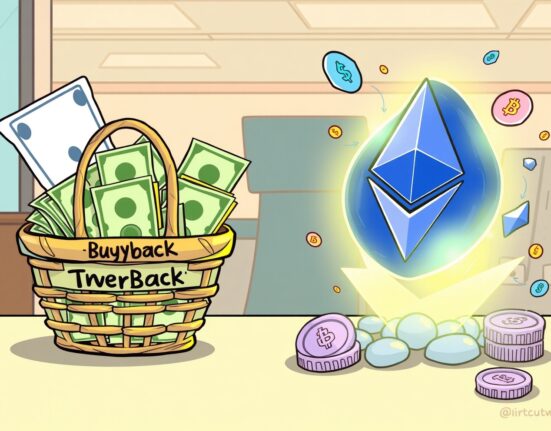 Cartoon illustrating SharpLink's financial strategy, showing a share buyback and significant SharpLink ETH holdings.