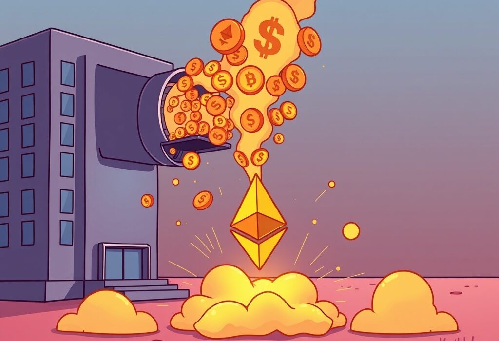 A vibrant cartoon illustration showing a large sum of money being invested into Ethereum, representing SharpLink's significant SharpLink ETH purchase.