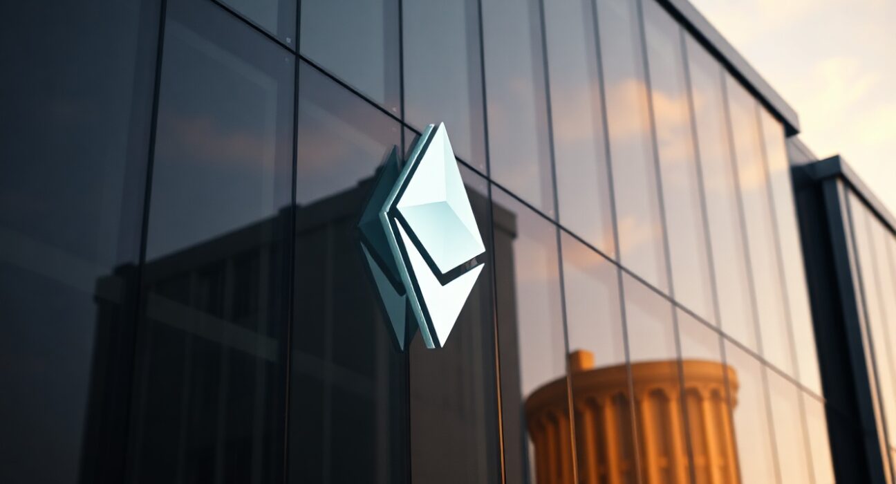 Modern corporate building exterior with Ethereum logo reflection, representing Sharplink's crypto investment strategy.