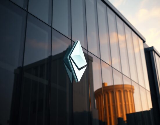 Modern corporate building exterior with Ethereum logo reflection, representing Sharplink's crypto investment strategy.
