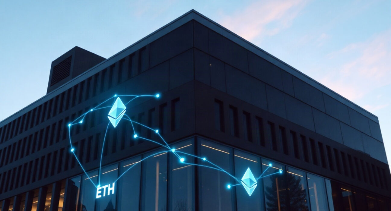 SharpLink corporate building with subtle Ethereum-themed digital elements in the sky, representing its ETH treasury holdings.