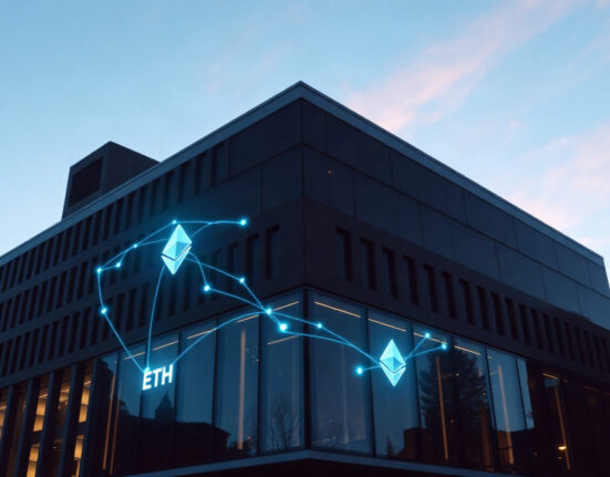 SharpLink corporate building with subtle Ethereum-themed digital elements in the sky, representing its ETH treasury holdings.