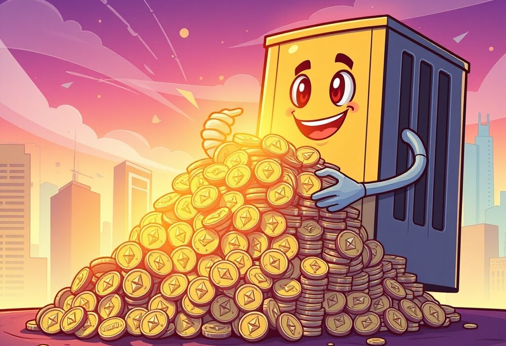 Cartoon illustration depicting Sharplink's massive Ethereum acquisition, with a large entity accumulating ETH, symbolizing institutional confidence in the crypto market.