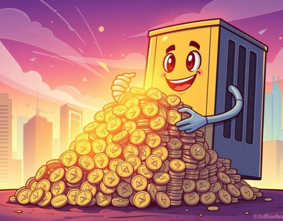 Cartoon illustration depicting Sharplink's massive Ethereum acquisition, with a large entity accumulating ETH, symbolizing institutional confidence in the crypto market.