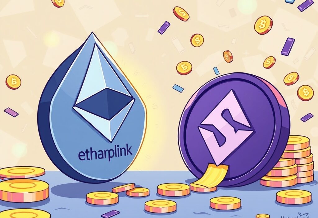 A cartoon illustration showing a large Ethereum coin being approached by a gaming company's logo, symbolizing potential Ethereum purchases.