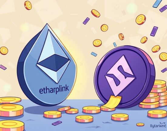 A cartoon illustration showing a large Ethereum coin being approached by a gaming company's logo, symbolizing potential Ethereum purchases.