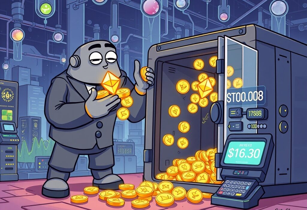 Cartoon illustration showing SharpLink Gaming strategically accumulating a large amount of Ethereum, highlighting their significant SharpLink Gaming ETH investment.