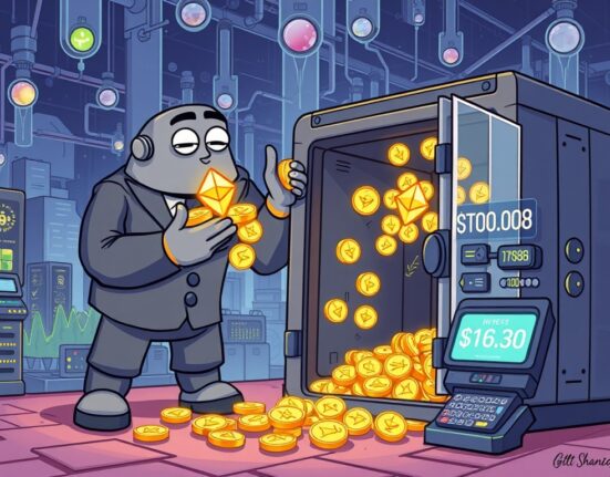 Cartoon illustration showing SharpLink Gaming strategically accumulating a large amount of Ethereum, highlighting their significant SharpLink Gaming ETH investment.