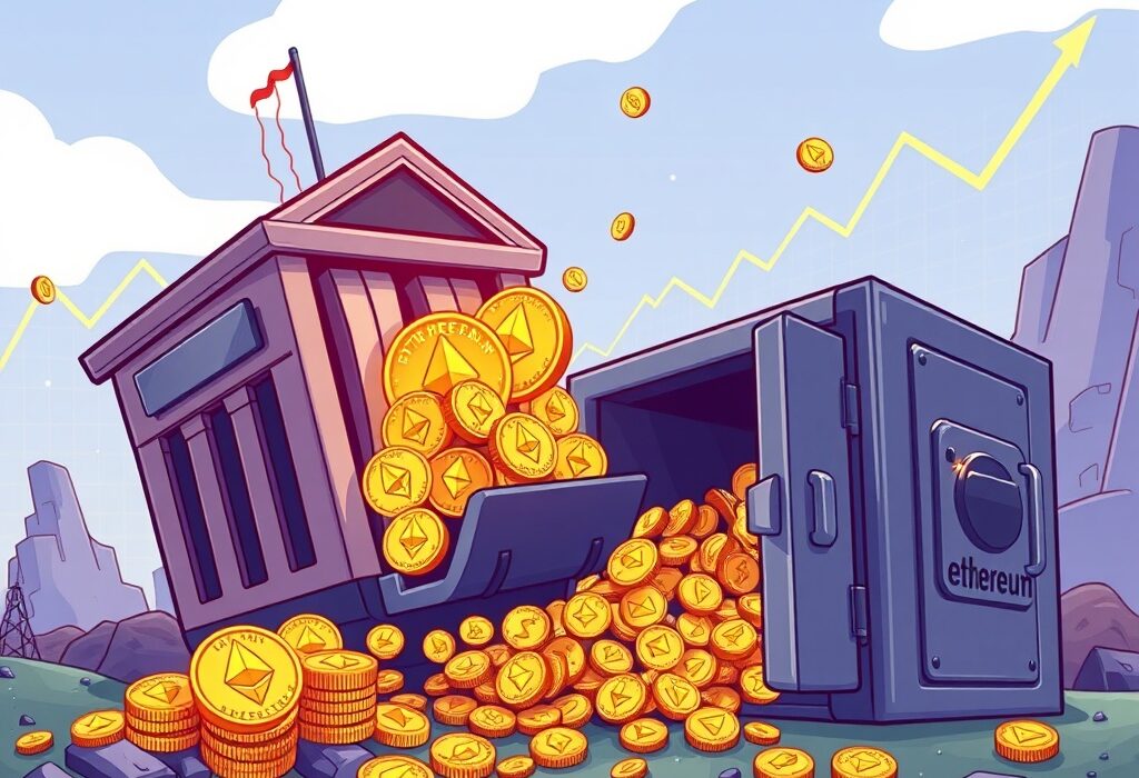 Cartoon illustration of SharpLink Gaming strategically accumulating Ethereum (ETH) into a large digital vault, symbolizing significant crypto investment growth.