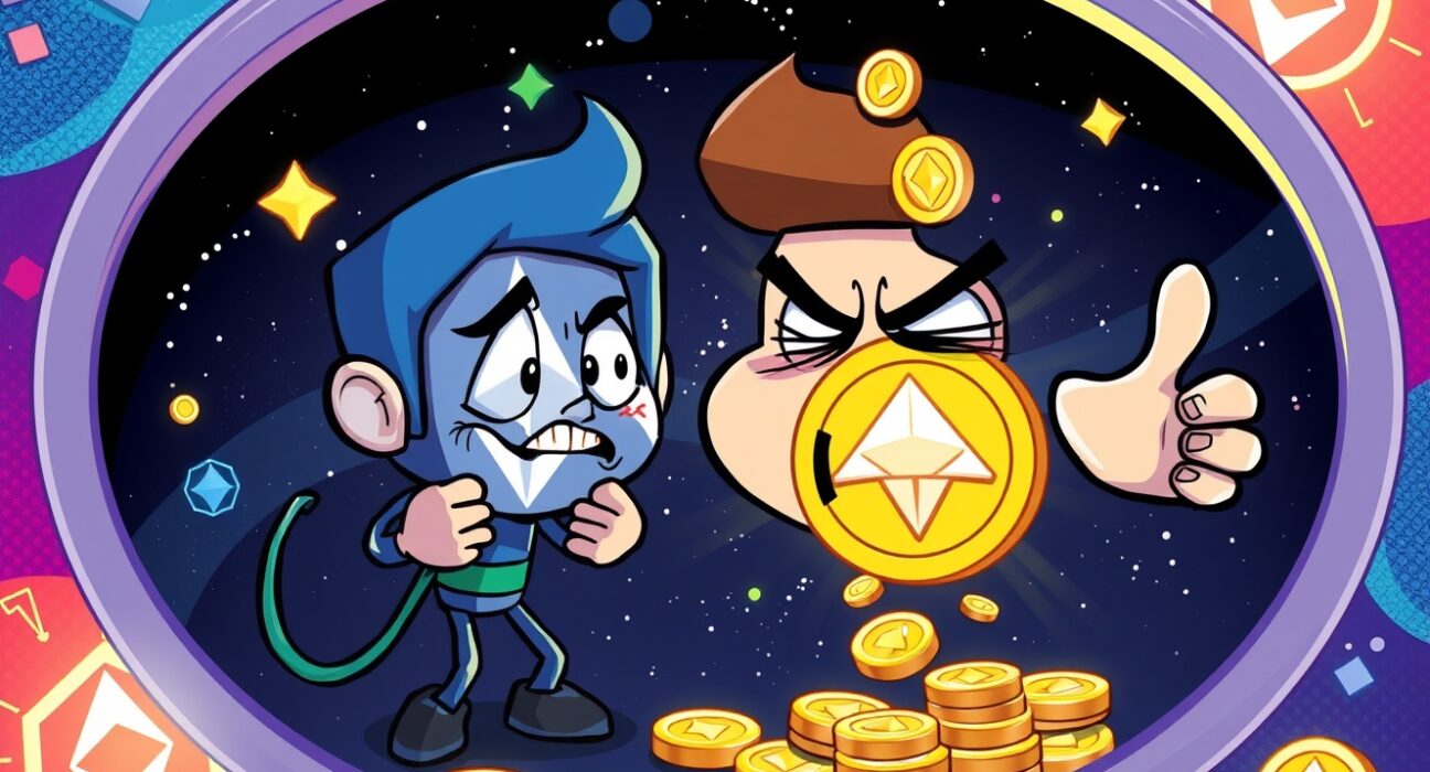 SharpLink Gaming ETH deposit shown as cartoon character transferring ethereum to digital galaxy