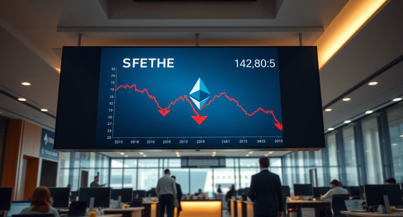 Corporate office lobby with digital display showing declining Ethereum price chart.